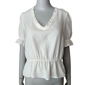 NWT TOPSHOP Ruffle V-Neck Peasant Top Short Sleeves White Elastic Waist